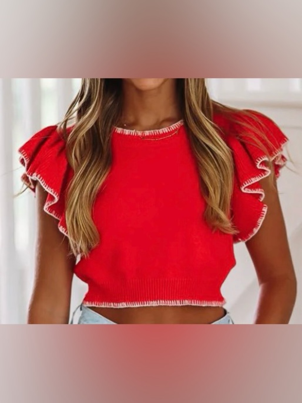 day+ moon Embroidered Double Ruffle Short Sleeve Knit Top- RED